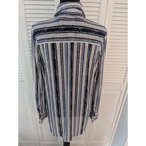 Chicos Travelers Top Womens L/2 Blue Sheer Mesh Button Up Stripe Shirt Coverup - Picture 9 of 13